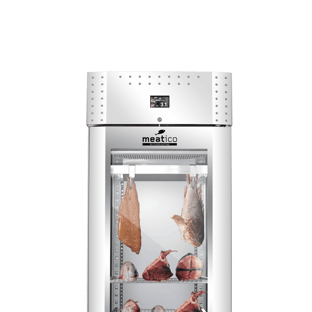 HOME MEATico Refrigerated cabinet for meat maturing e dry aging meat,  salami drying and seasoning, cheese ripening.
